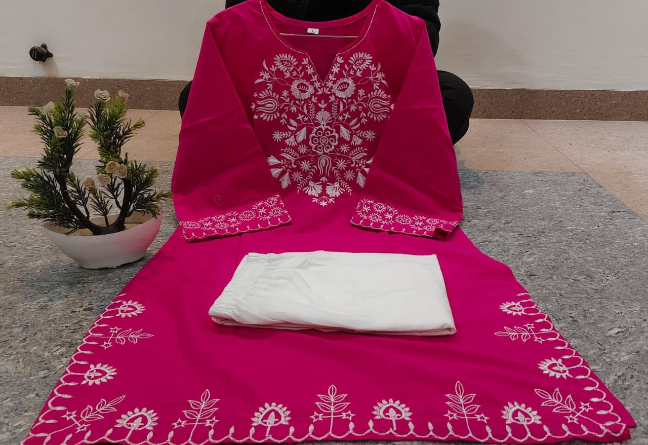 Embroidered Pink Kurta with Ivory Wide-Leg Pants