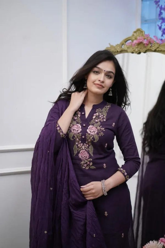 Royal Purple Embroidered Kurta Set with Dupatta