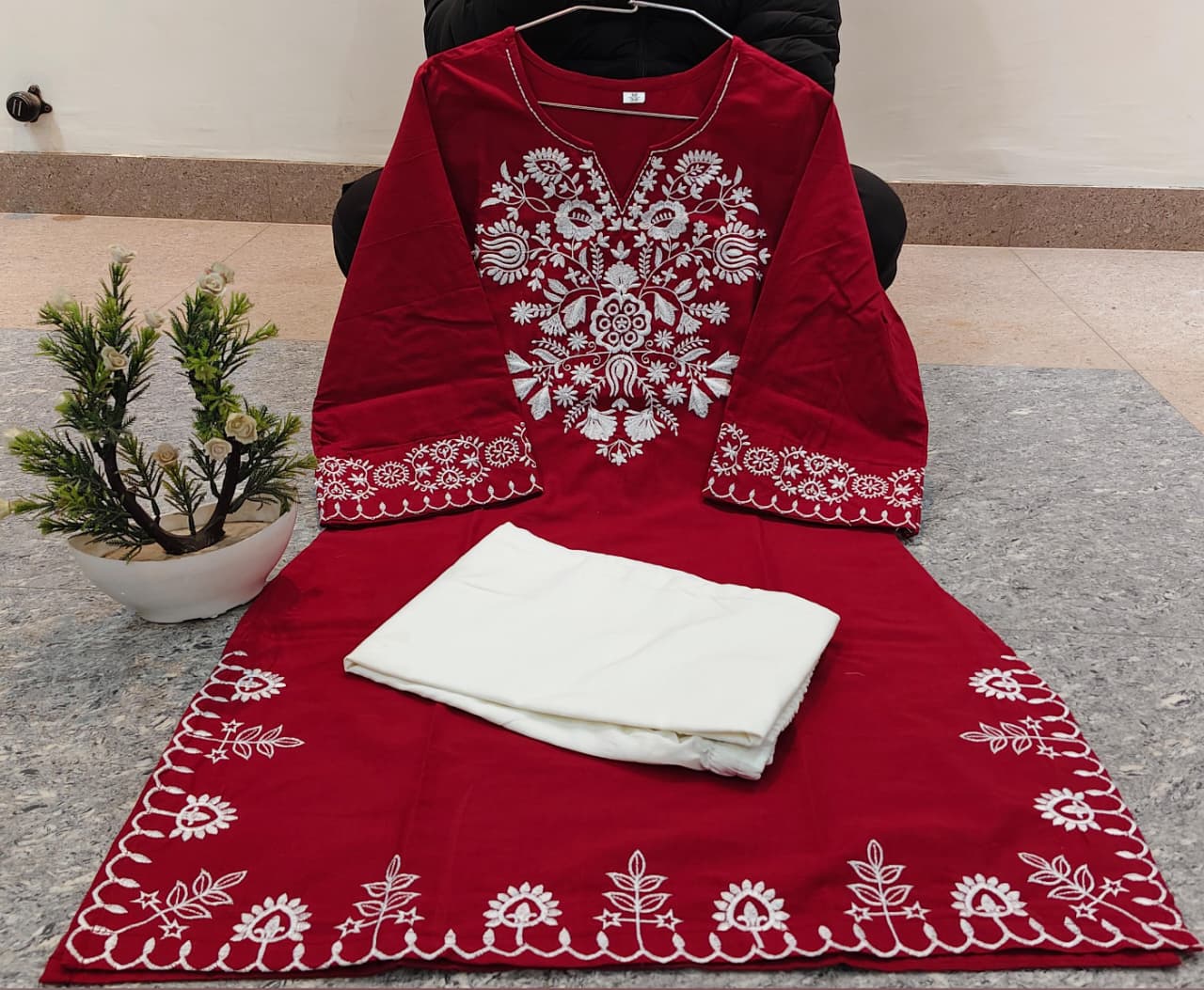 Maroon Embroidered Kurta with Ivory Wide-Leg Pants