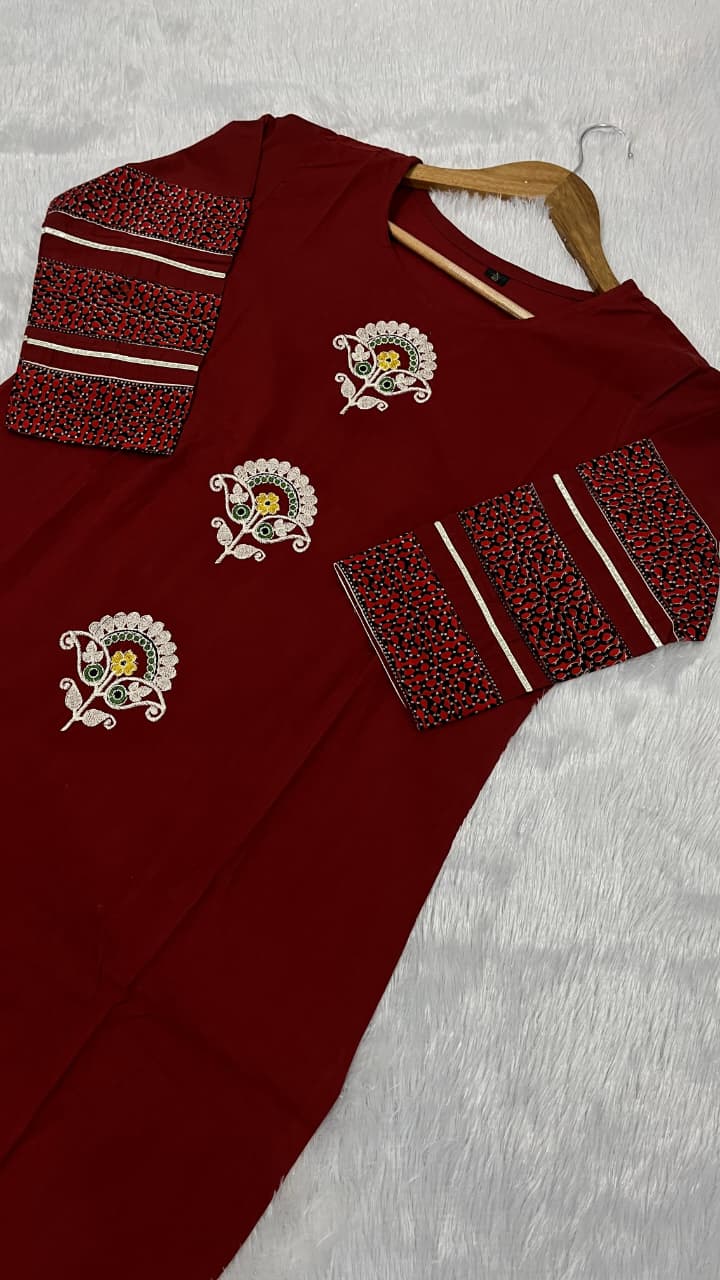 Maroon Kurta Set with Embroidered Motifs & Printed Dupatta