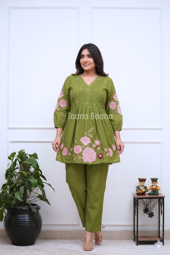 Olive Green Floral Printed Co-Ord Set for Women | V-Neck Kurti with Straight Pants