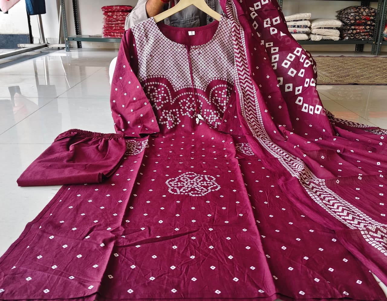 Royal Wine Bandhani Kurta Set with Dupatta