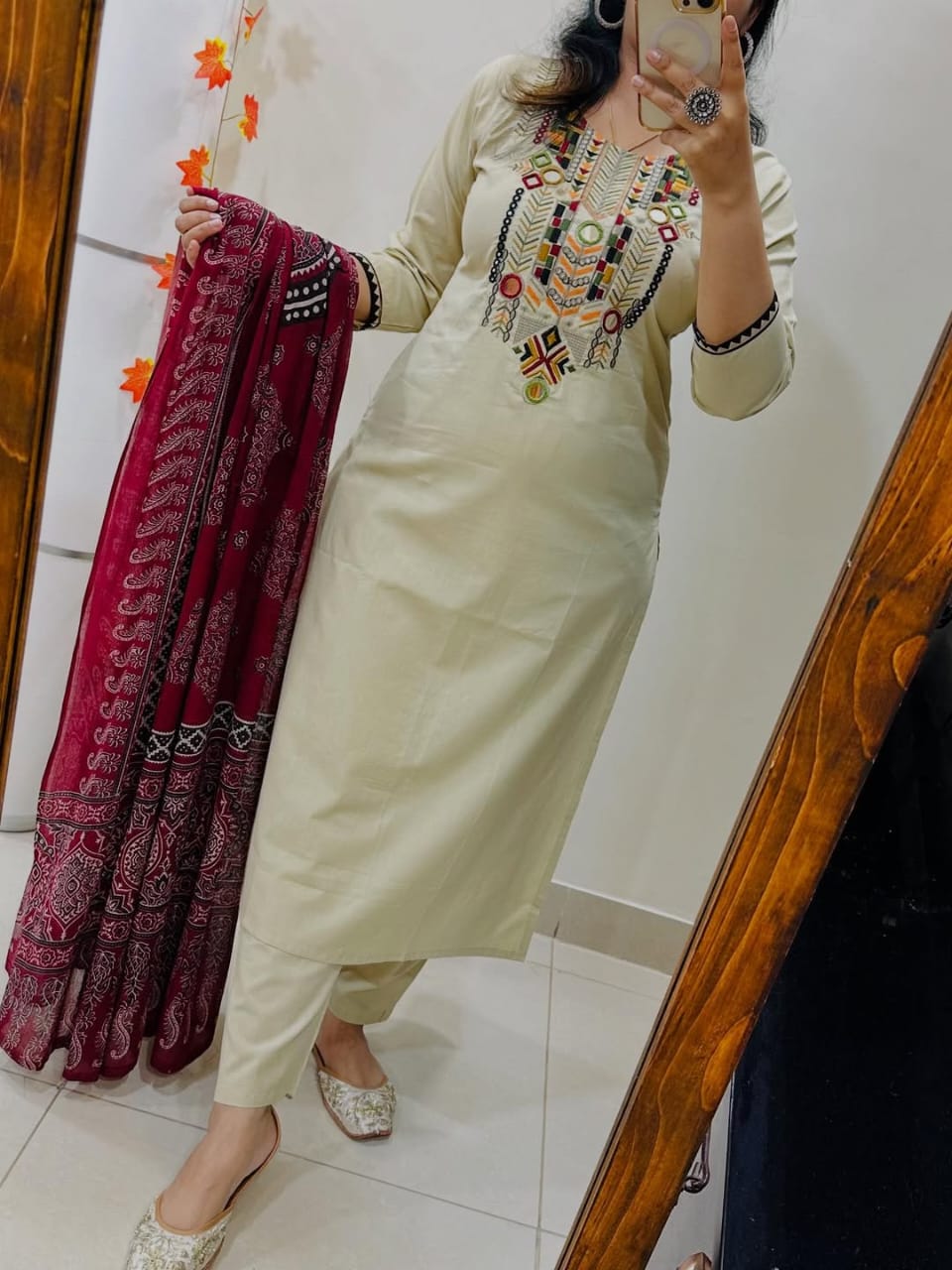 Jaipuri White Hand-Embroidered Kurta Set with Ajrakh Print Dupatta