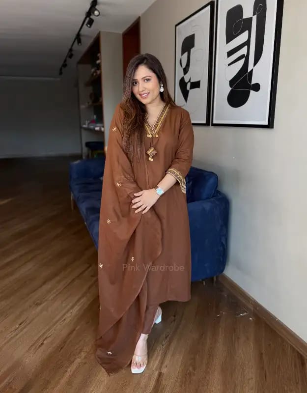 Brown Embroidered Kurta Set with Matching Dupatta