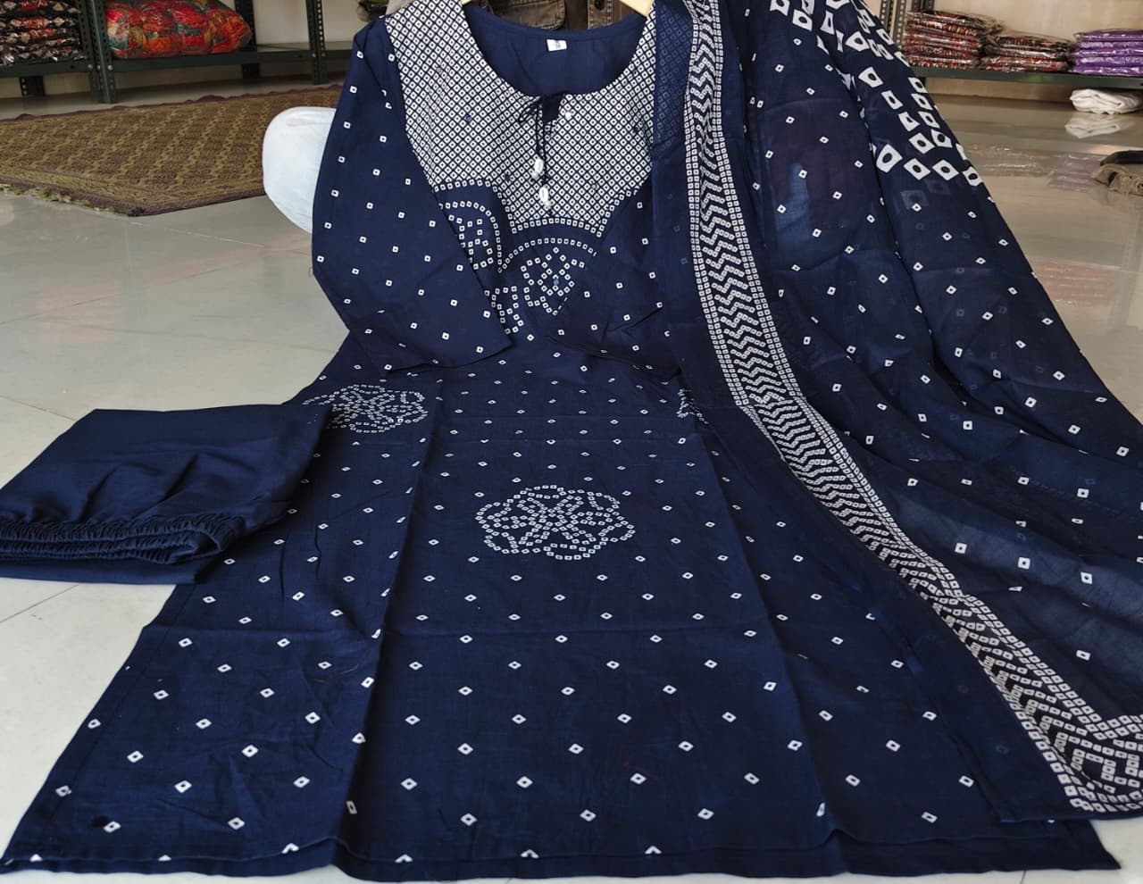 Elegant Navy Blue Bandhani Kurta Set with Dupatta