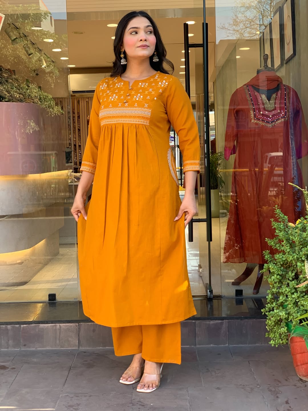 Mustard Yellow Embroidered Kurta Set with Straight Pants