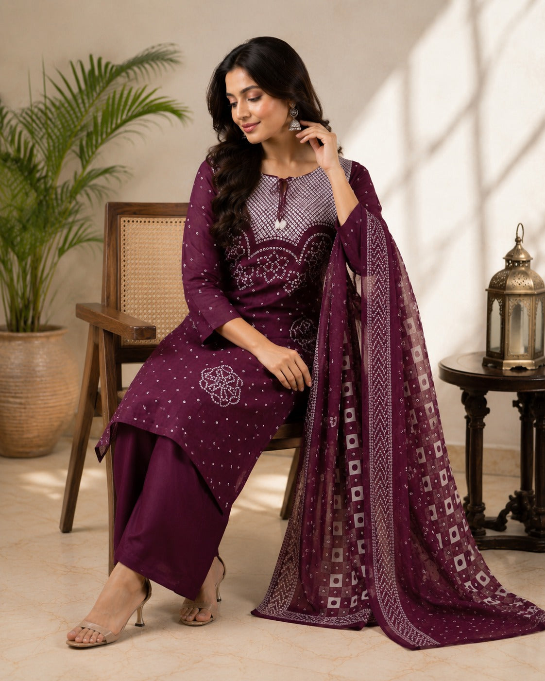 Royal Wine Bandhani Kurta Set with Dupatta
