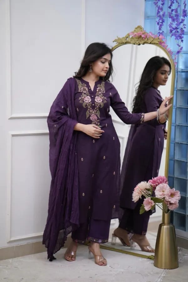 Royal Purple Embroidered Kurta Set with Dupatta