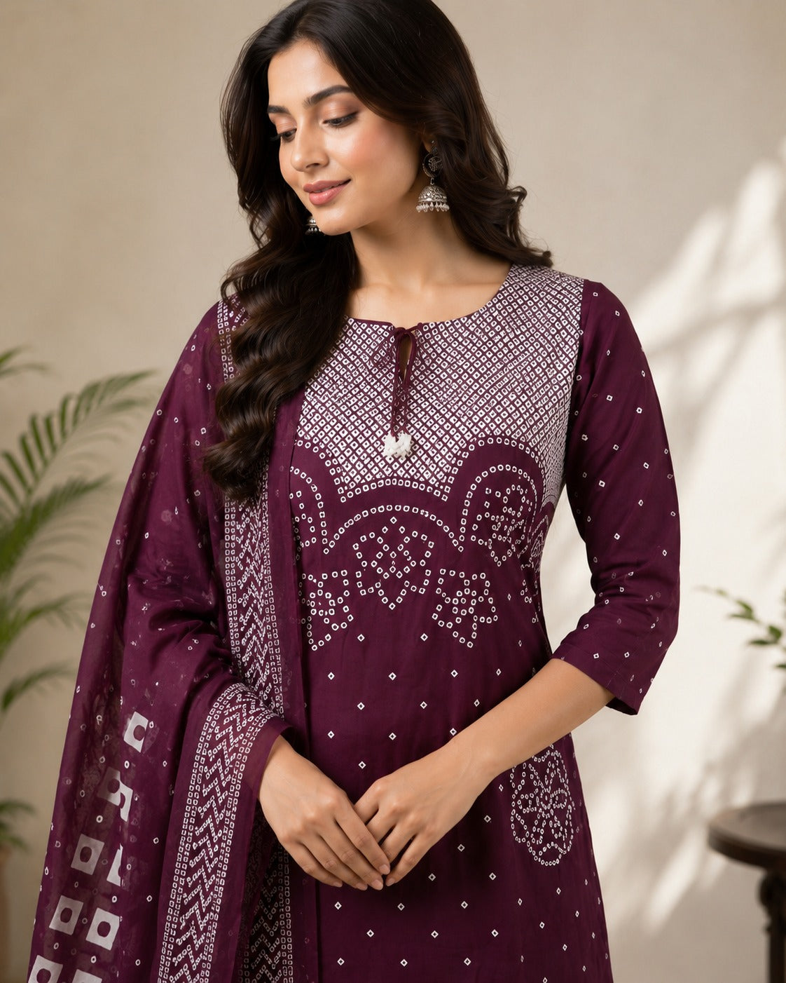 Royal Wine Bandhani Kurta Set with Dupatta