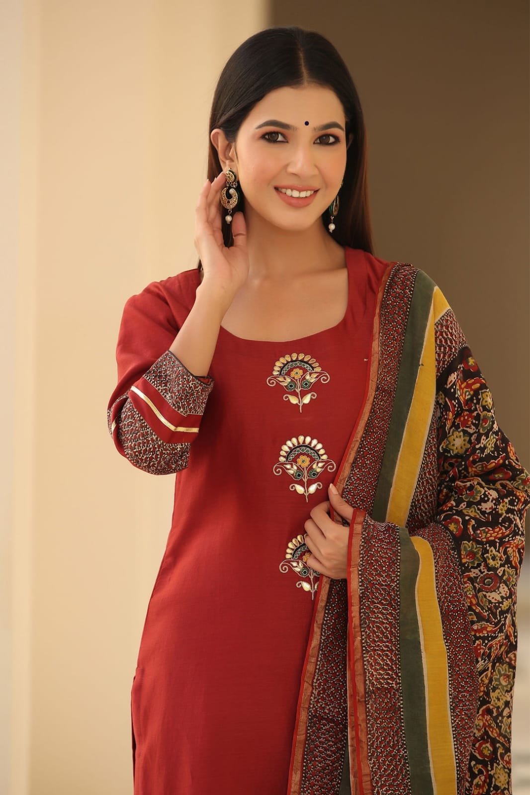 Maroon Kurta Set with Embroidered Motifs & Printed Dupatta