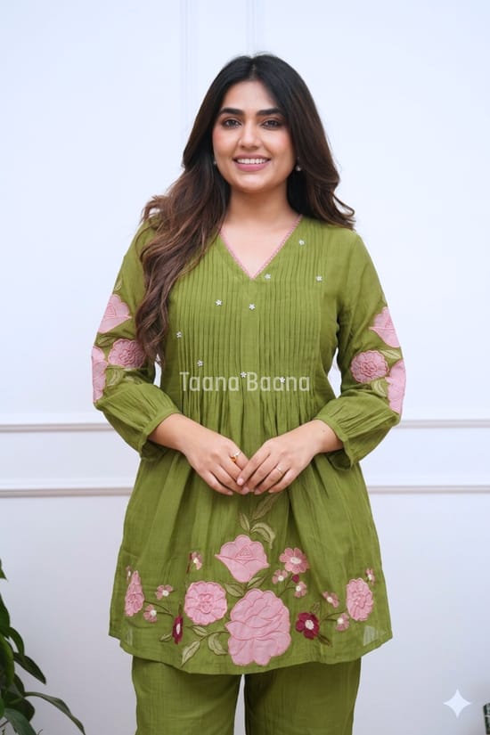Olive Green Floral Printed Co-Ord Set for Women | V-Neck Kurti with Straight Pants