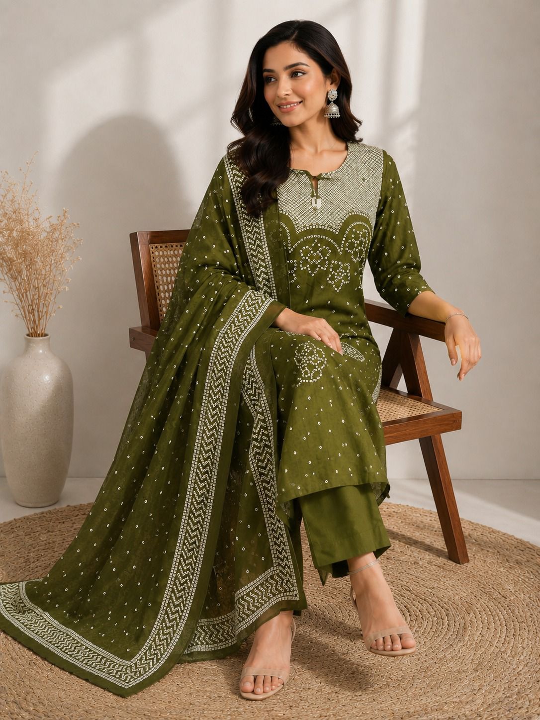 Olive Green Bandhani Print Kurta Set with Dupatta