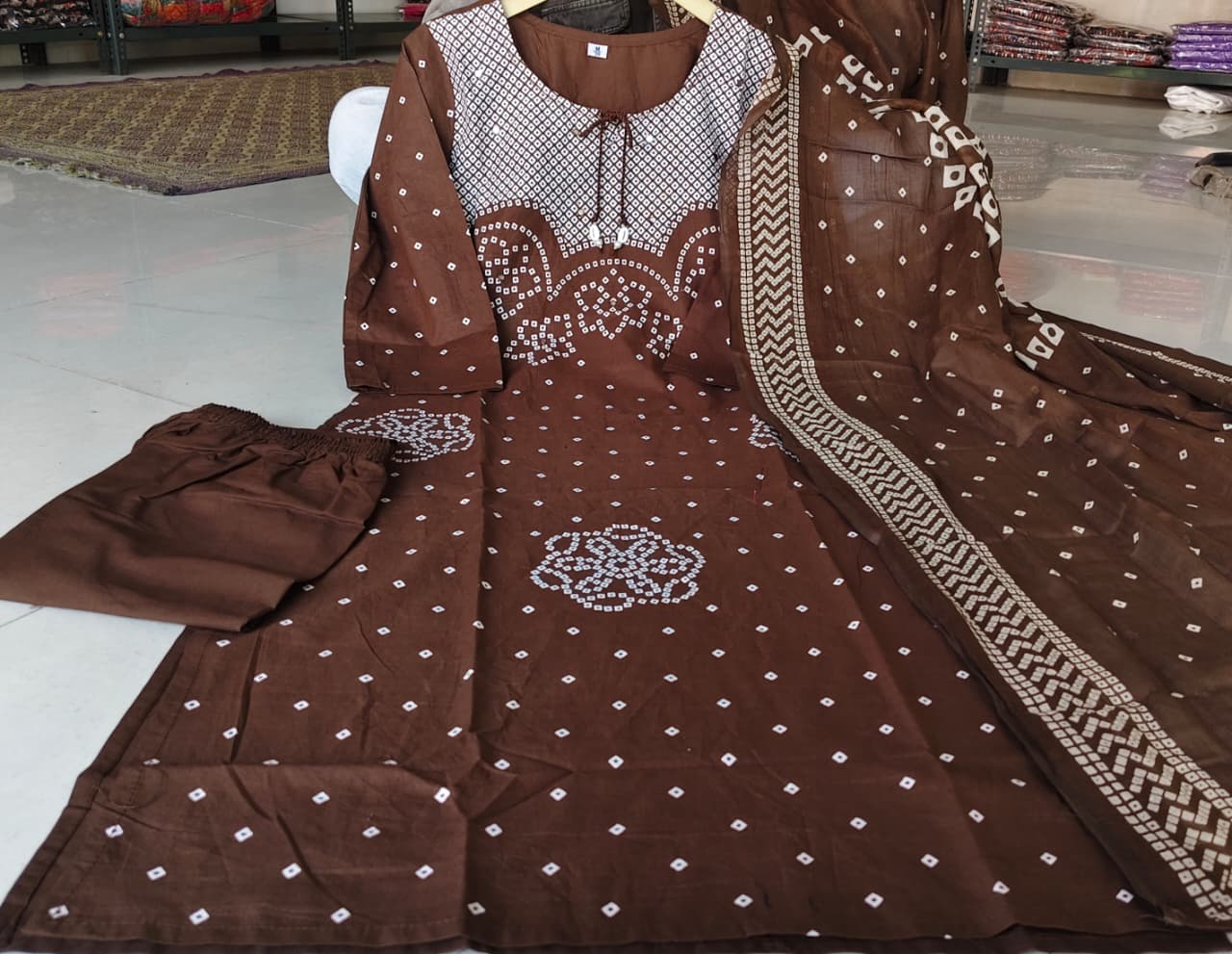 Classic Coffee Brown Bandhani Kurta Set with Dupatta