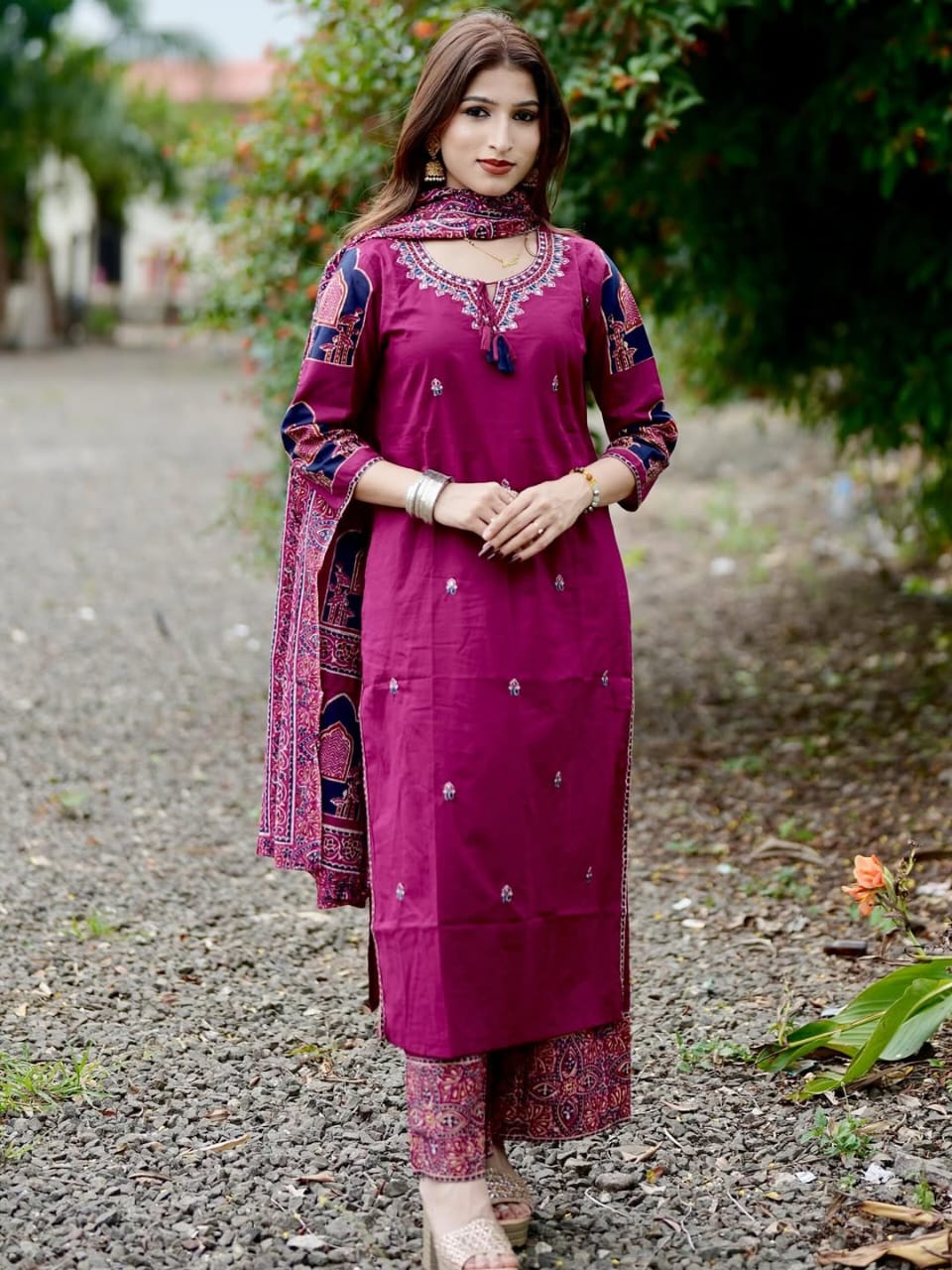 Magenta Printed Kurta Set with Traditional Ajrakh Dupatta