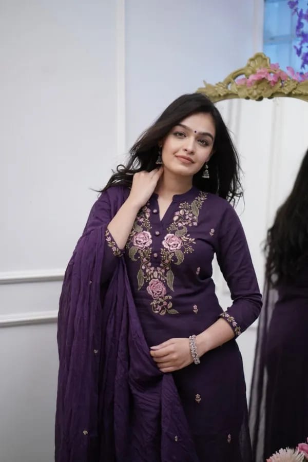 Royal Purple Embroidered Kurta Set with Dupatta