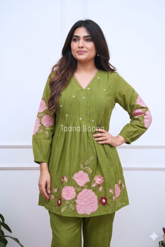 Olive Green Floral Printed Co-Ord Set for Women | V-Neck Kurti with Straight Pants