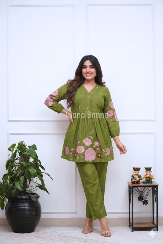 Olive Green Floral Printed Co-Ord Set for Women | V-Neck Kurti with Straight Pants