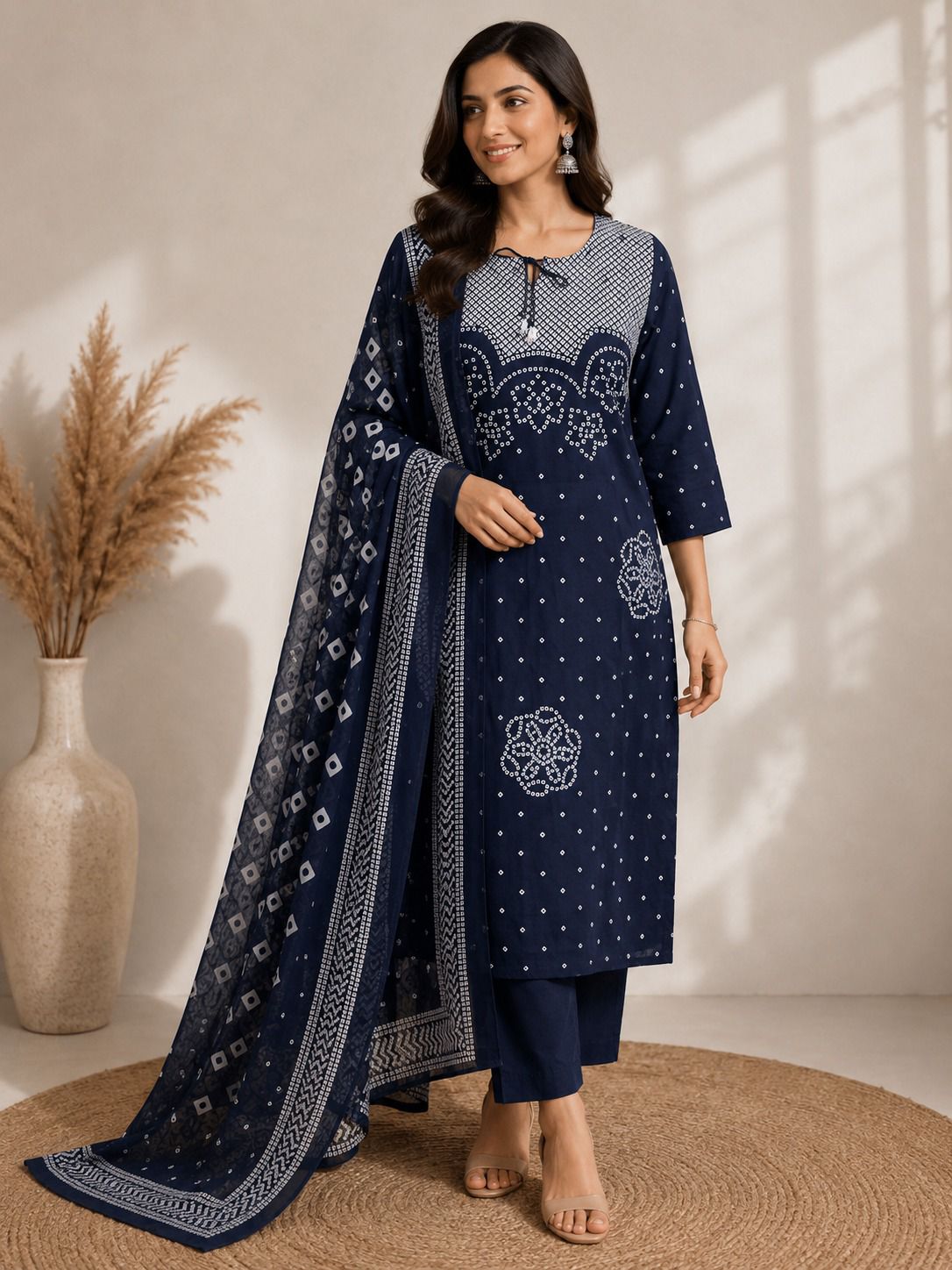 Elegant Navy Blue Bandhani Kurta Set with Dupatta