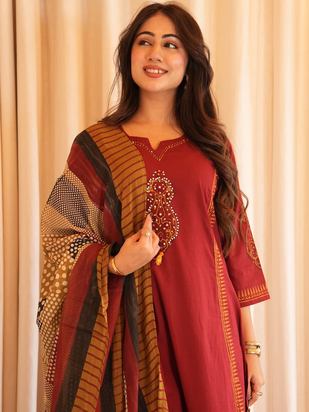 Elegant Maroon Embroidered Kurta Set with Printed Dupatta