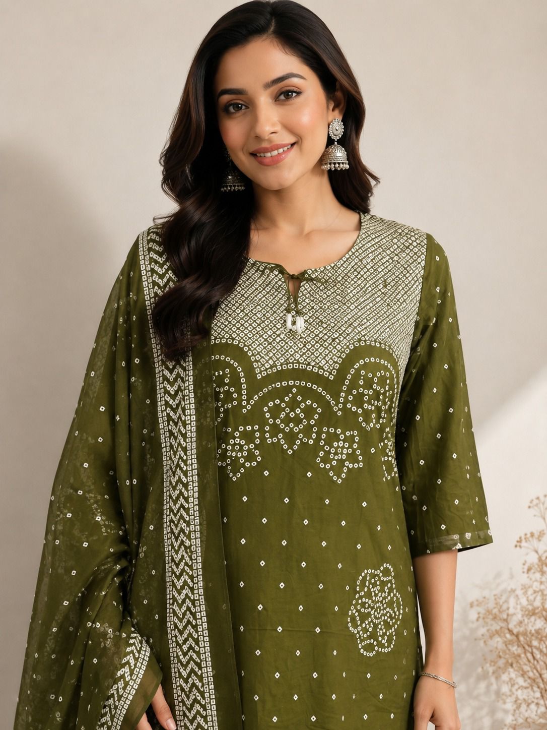 Olive Green Bandhani Print Kurta Set with Dupatta