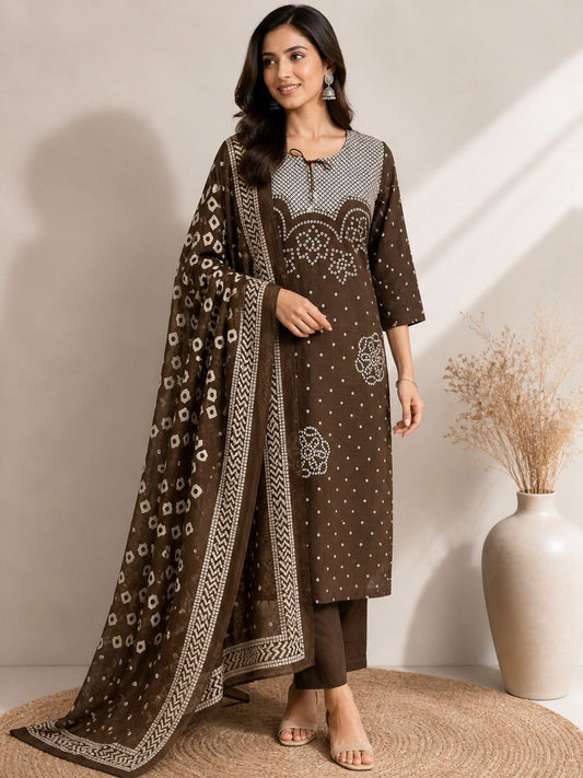 Classic Coffee Brown Bandhani Kurta Set with Dupatta