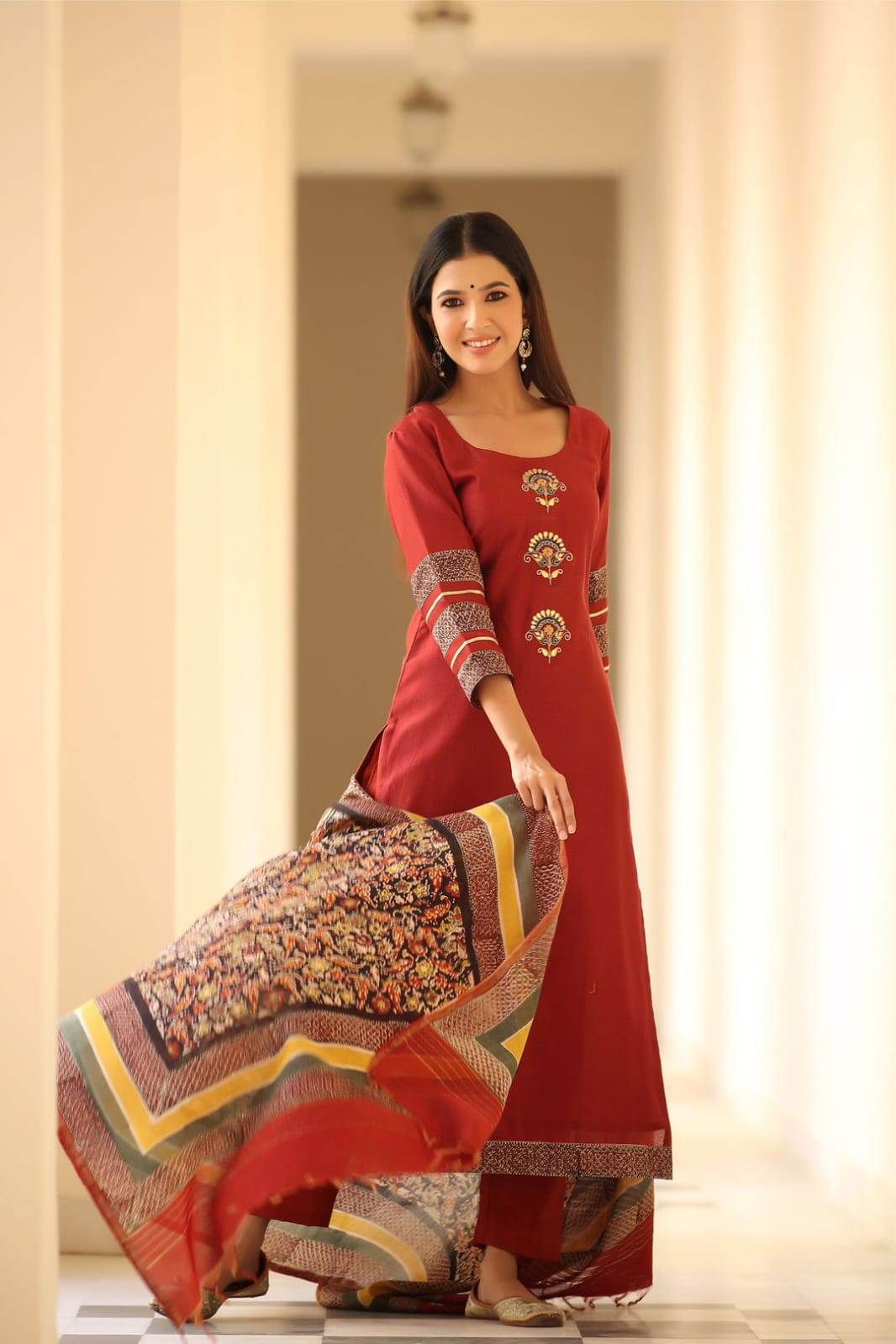 Maroon Kurta Set with Embroidered Motifs & Printed Dupatta