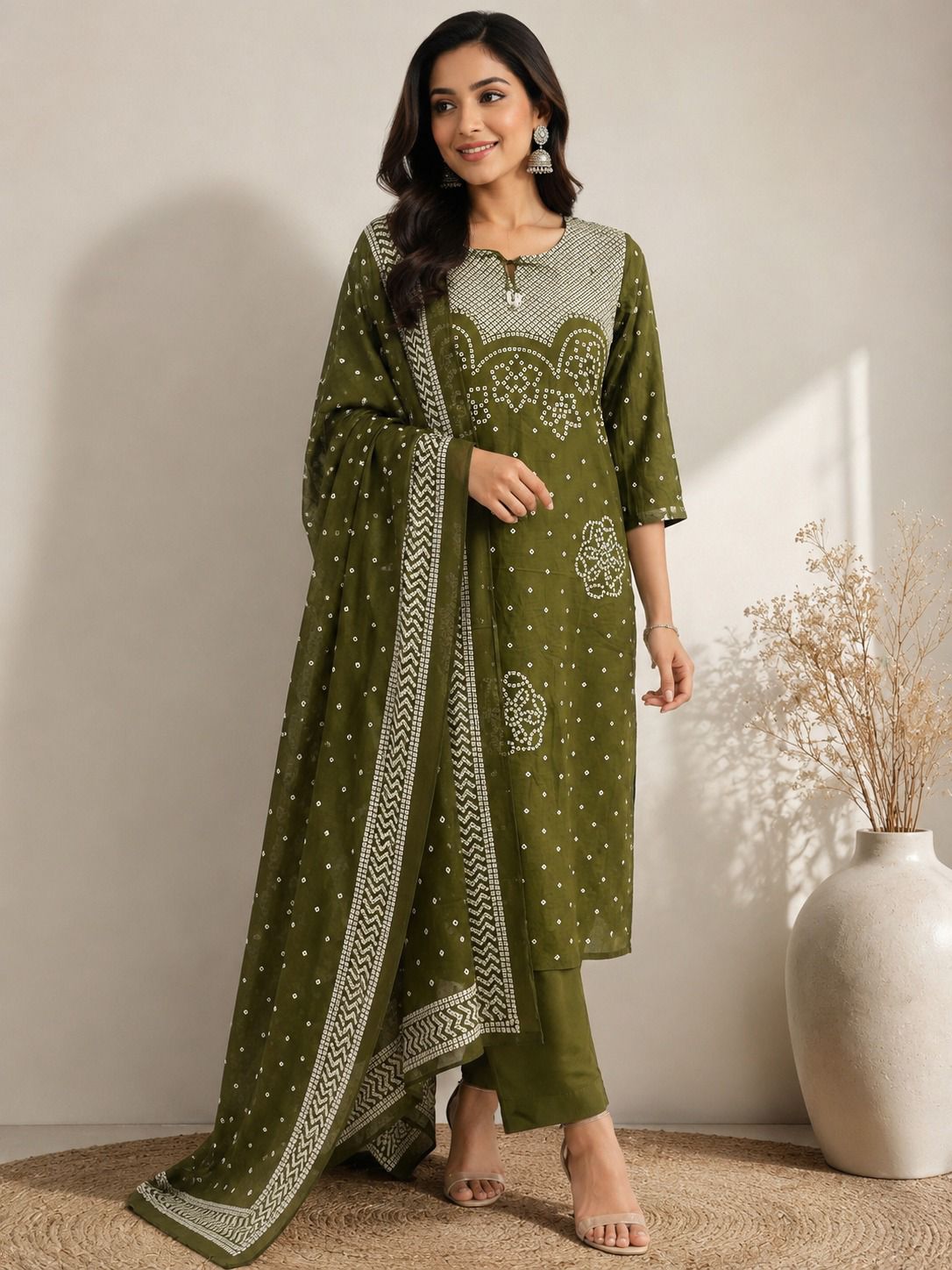Olive Green Bandhani Print Kurta Set with Dupatta