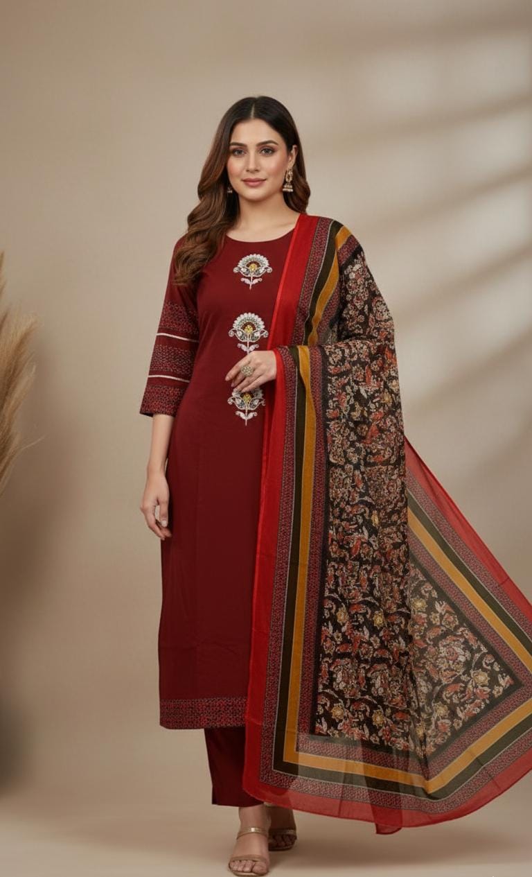 Maroon Kurta Set with Embroidered Motifs & Printed Dupatta