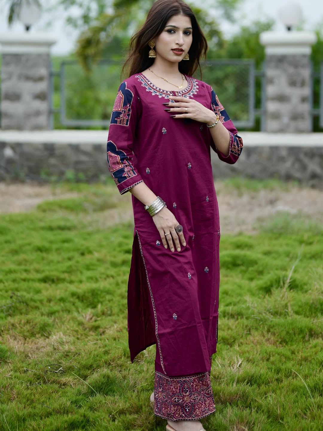 Magenta Printed Kurta Set with Traditional Ajrakh Dupatta
