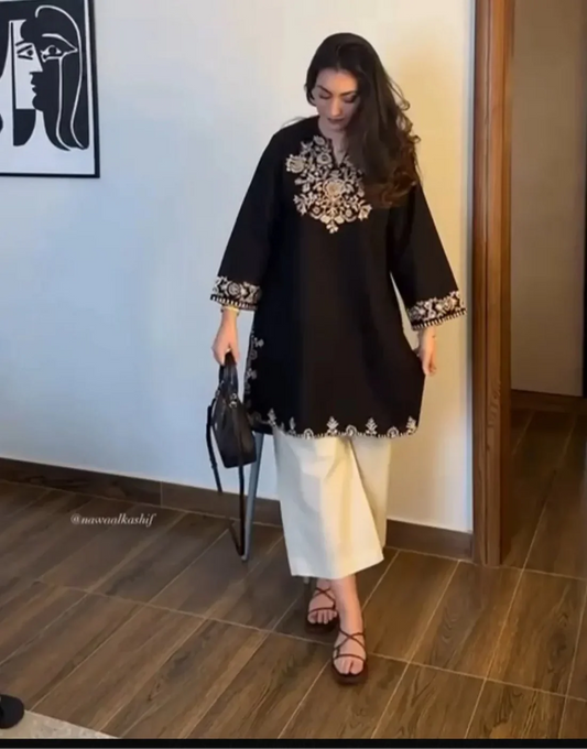 Embroidered Black Kurta with Ivory Wide-Leg Pants