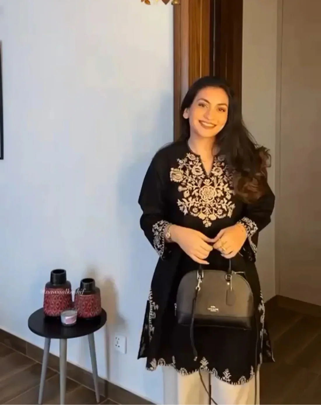 Embroidered Black Kurta with Ivory Wide-Leg Pants