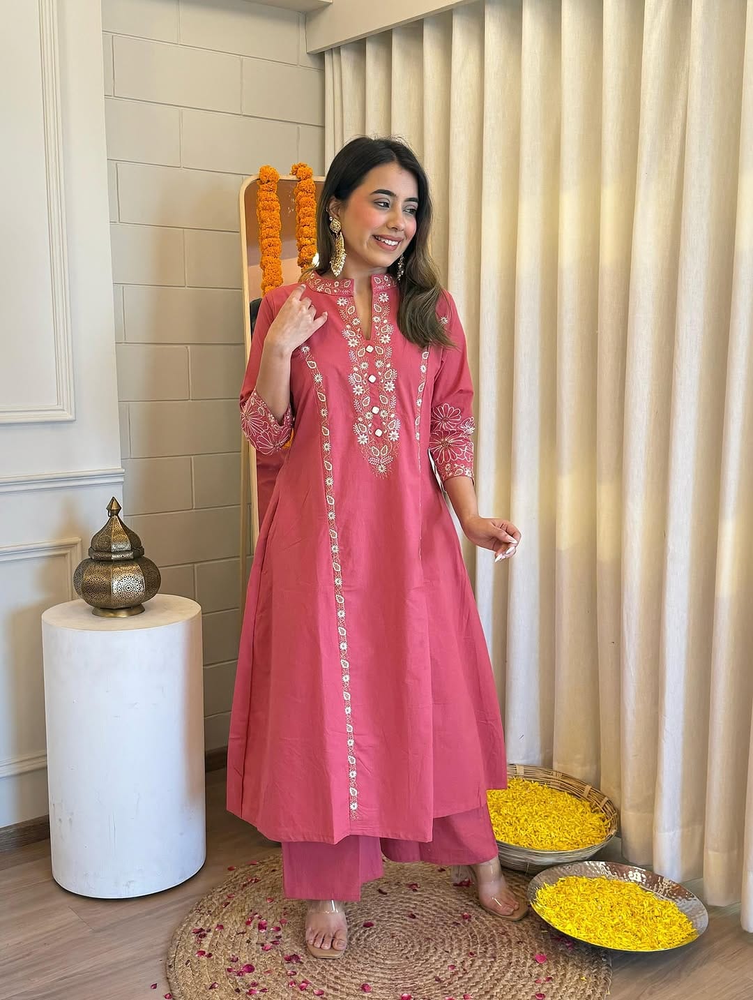Elegant Rose Pink Embroidered Kurta Set