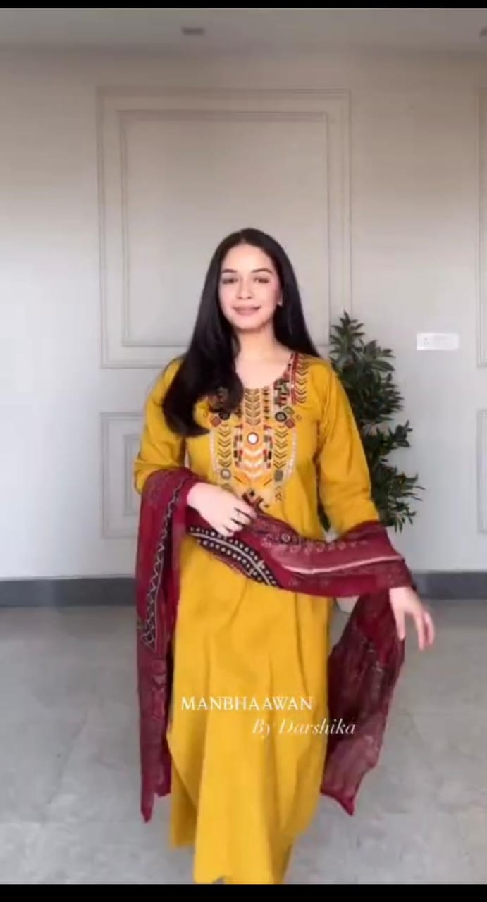 Jaipuri Mustard Yellow Hand-Embroidered Kurta Set with Ajrakh Print Dupatta