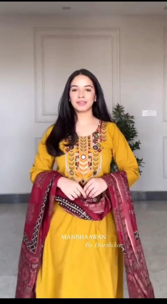 Jaipuri Mustard Yellow Hand-Embroidered Kurta Set with Ajrakh Print Dupatta