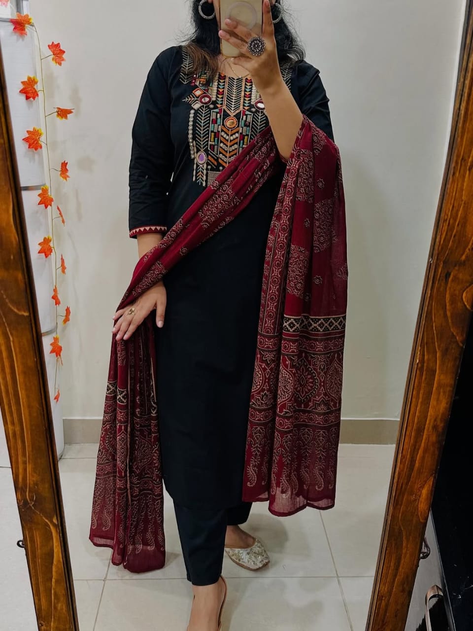 Jaipuri Black Hand-Embroidered Kurta Set with Ajrakh Print Dupatta
