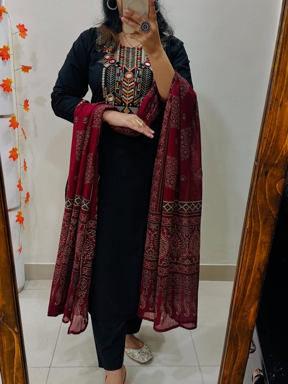 Jaipuri Black Hand-Embroidered Kurta Set with Ajrakh Print Dupatta