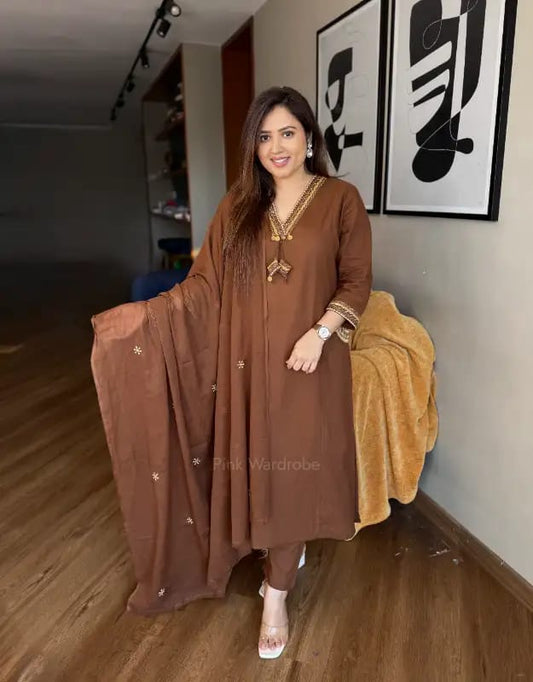 Brown Embroidered Kurta Set with Matching Dupatta