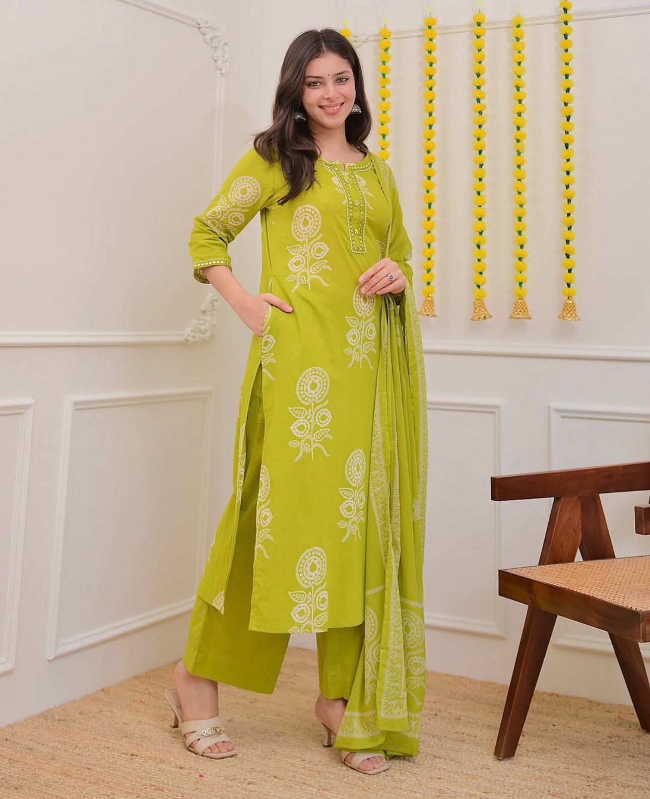 Lime Green Printed Cotton Kurta Set with Dupatta