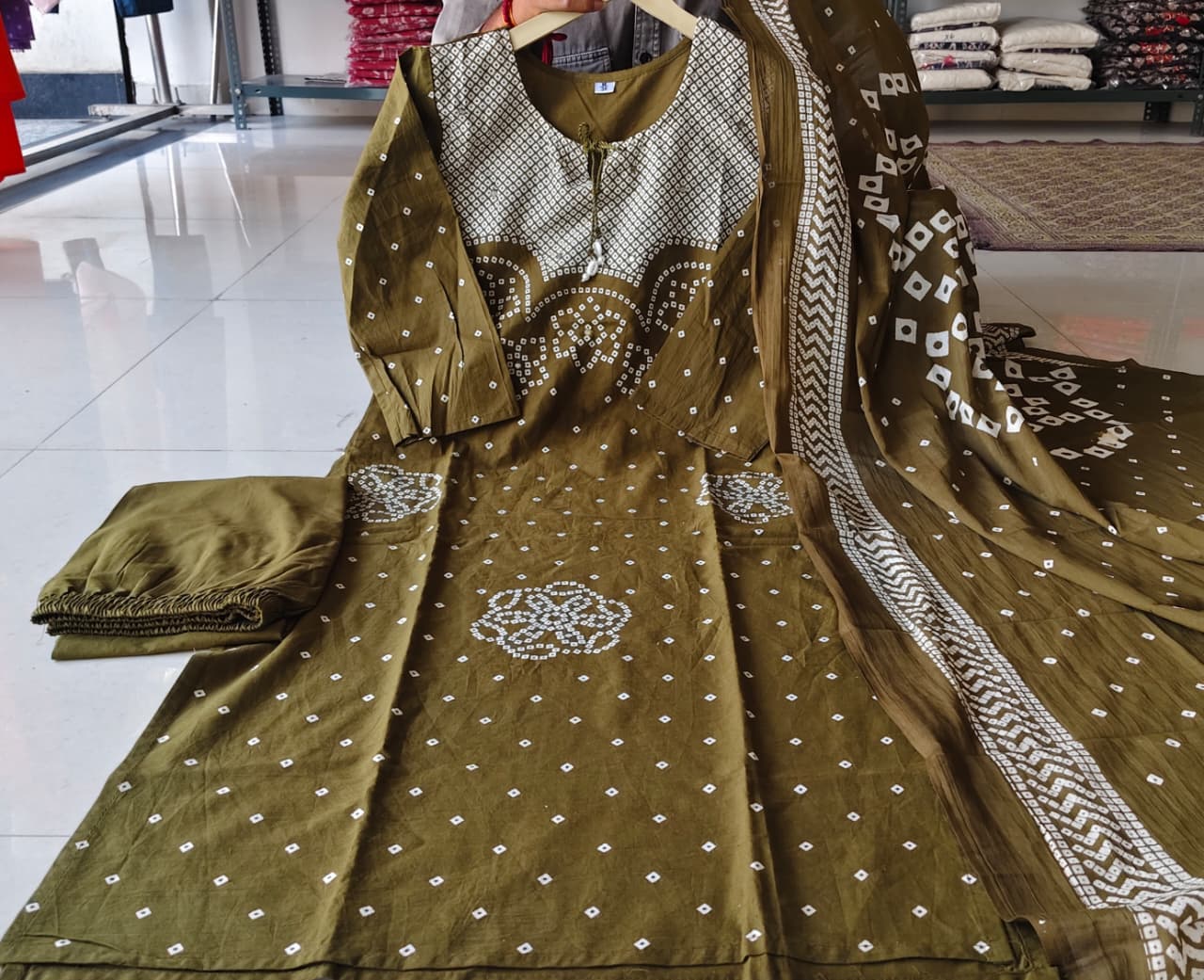 Olive Green Bandhani Print Kurta Set with Dupatta