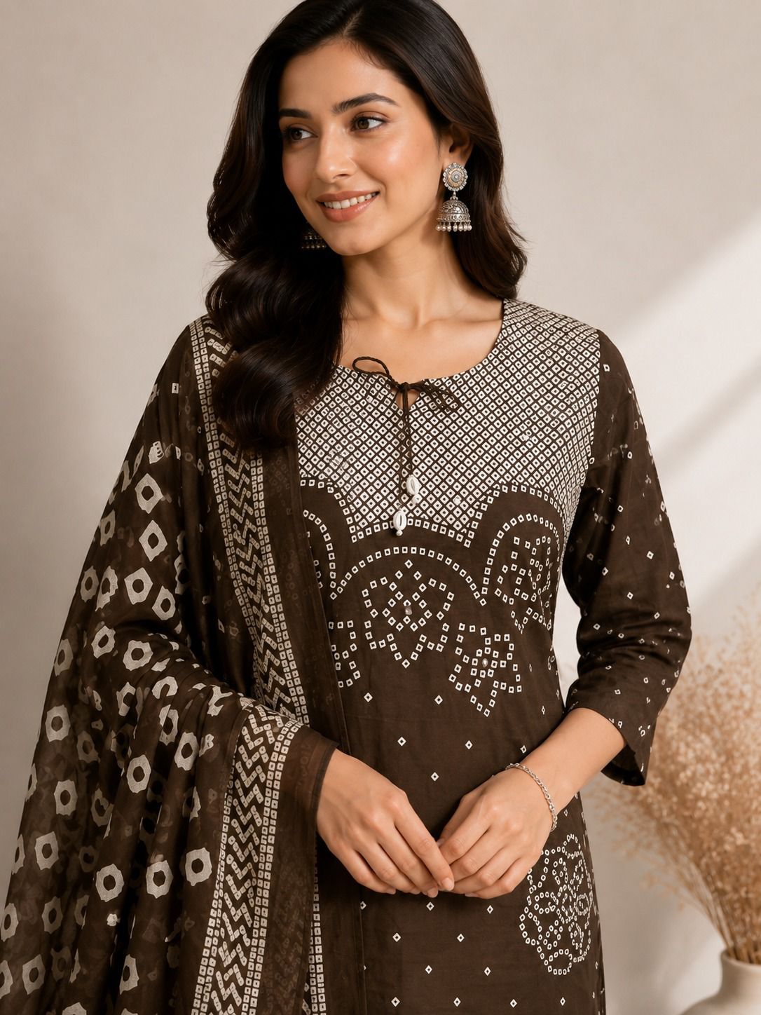Classic Coffee Brown Bandhani Kurta Set with Dupatta