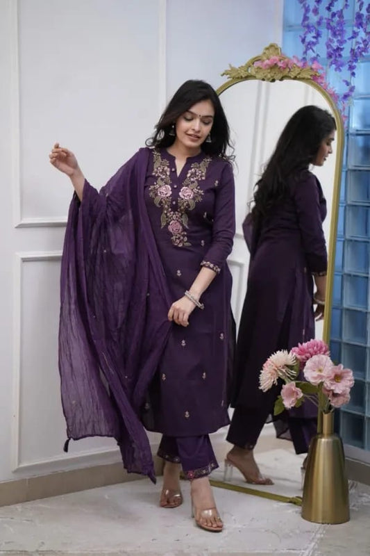 Royal Purple Embroidered Kurta Set with Dupatta