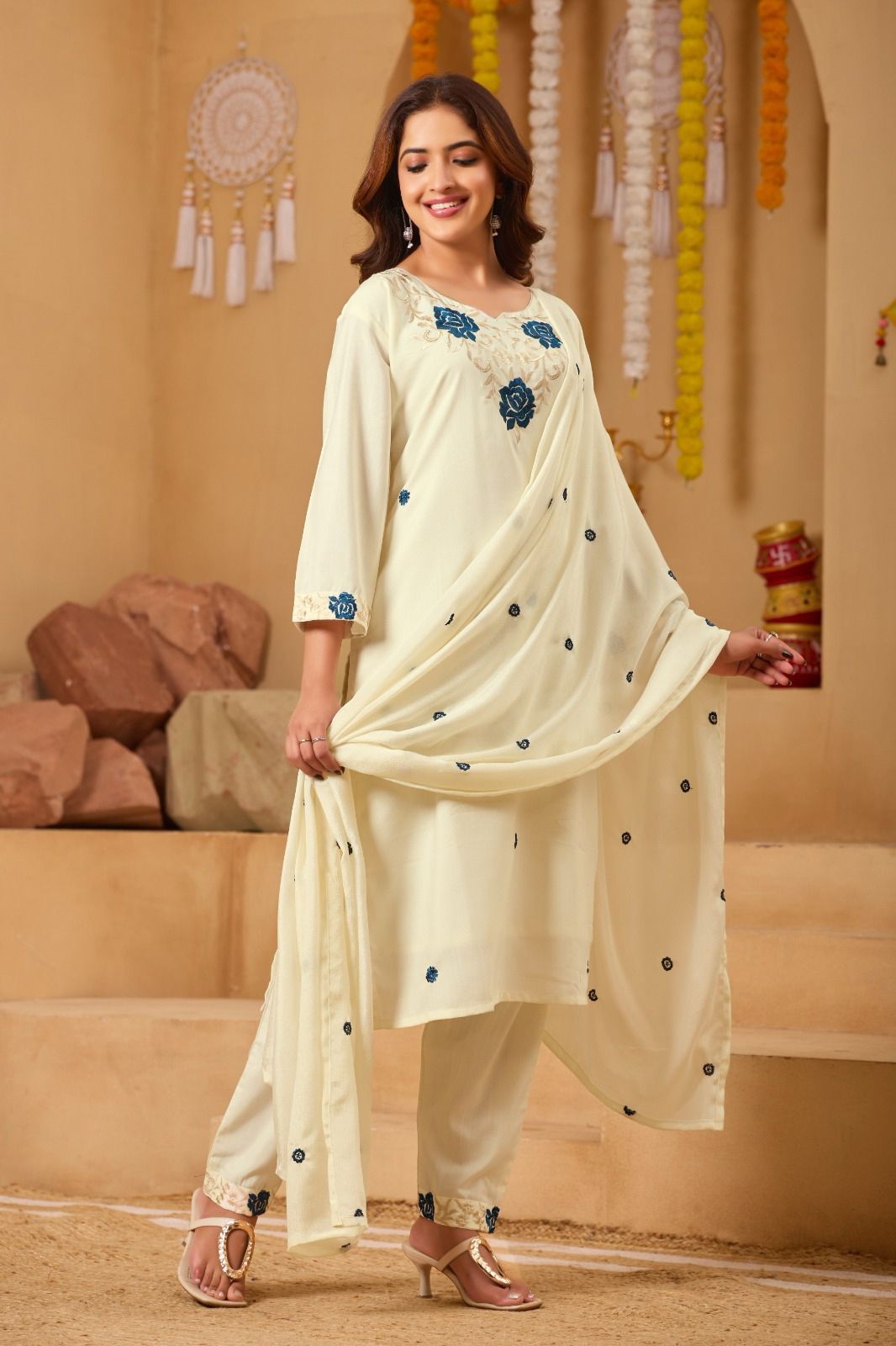 Premium Ivory Floral Embroidered Kurta Set with Elegant Dupatta