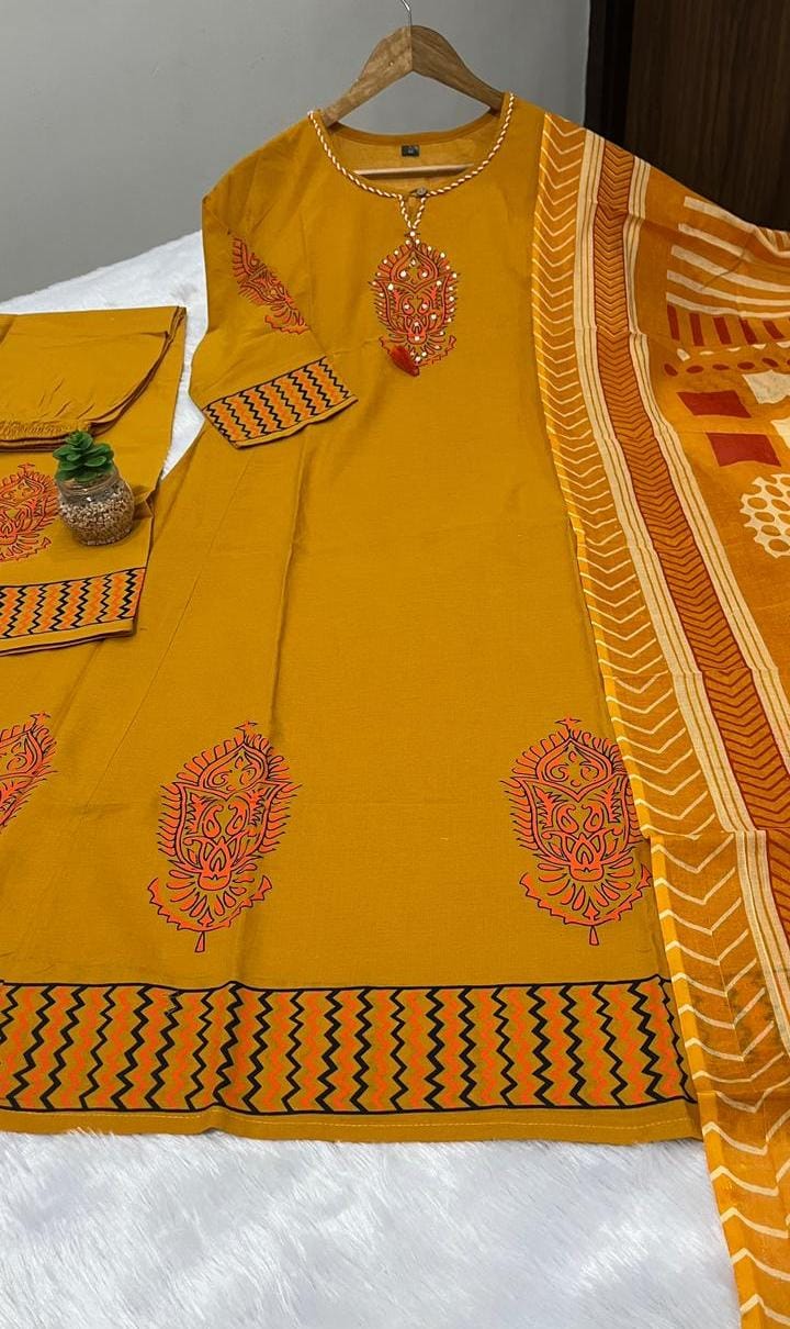 Mustard Yellow Kurta Set with Embroidered Yoke & Printed Dupatta