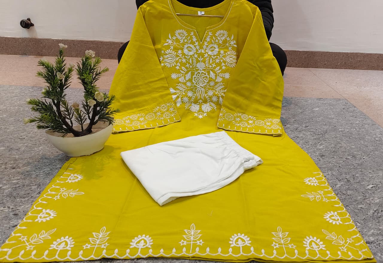 Yellow Embroidered Kurta with Ivory Straight Pants