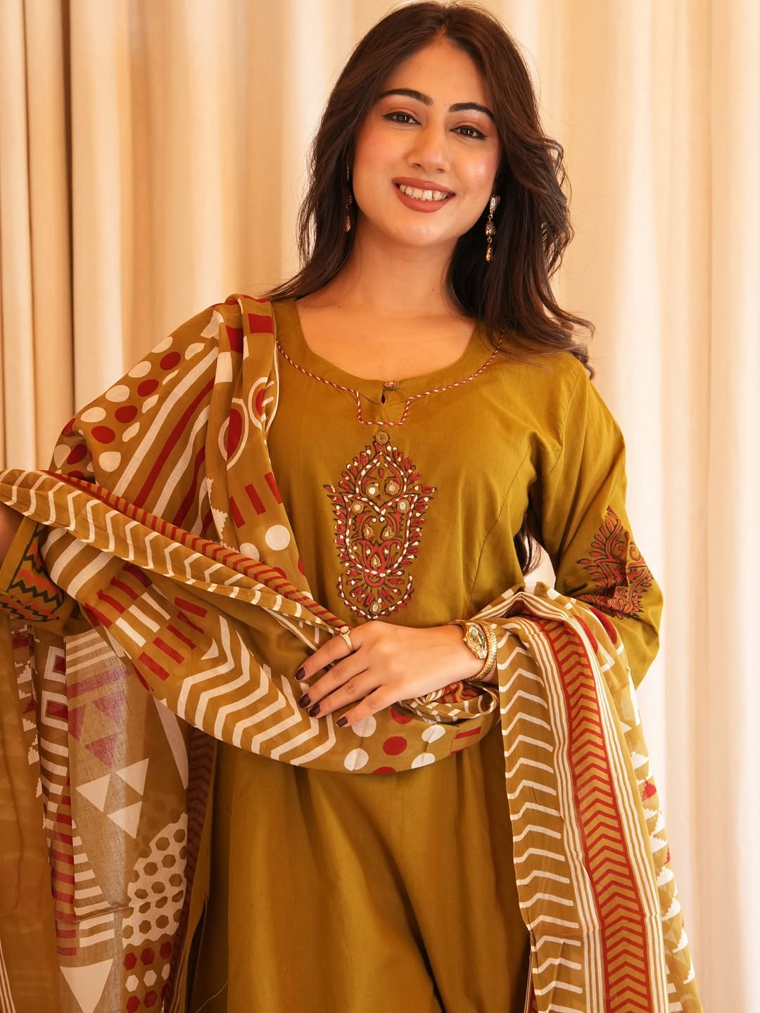 Mustard Yellow Kurta Set with Embroidered Yoke & Printed Dupatta