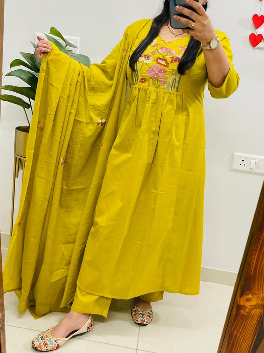 Mustard Yellow Embroidered Anarkali Kurta Set with Dupatta