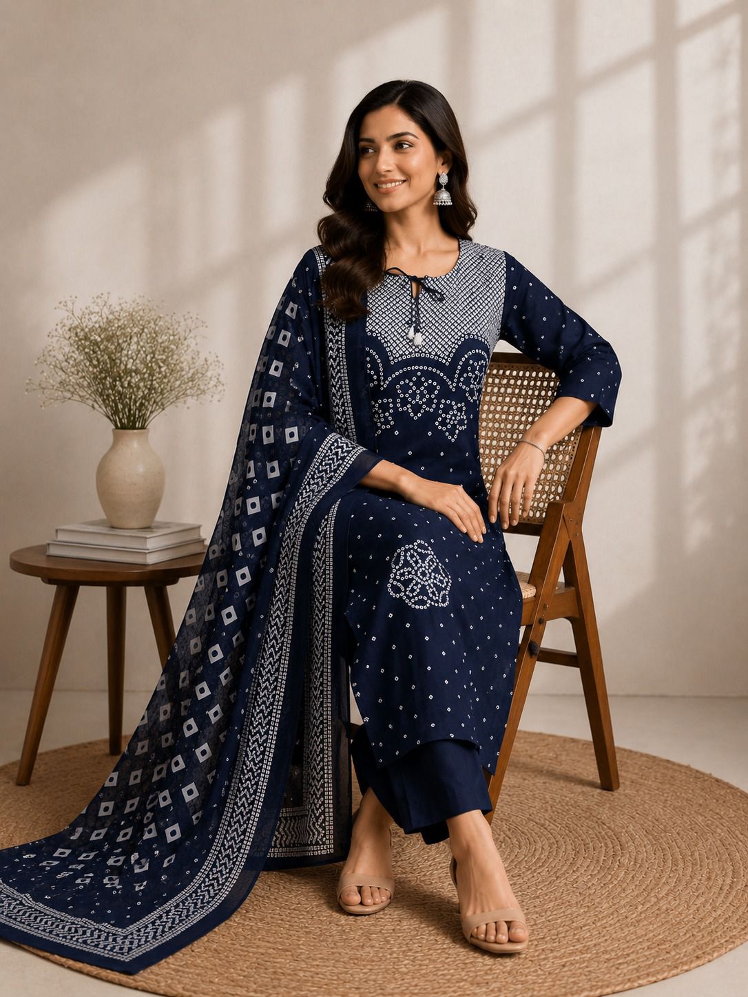 Elegant Navy Blue Bandhani Kurta Set with Dupatta