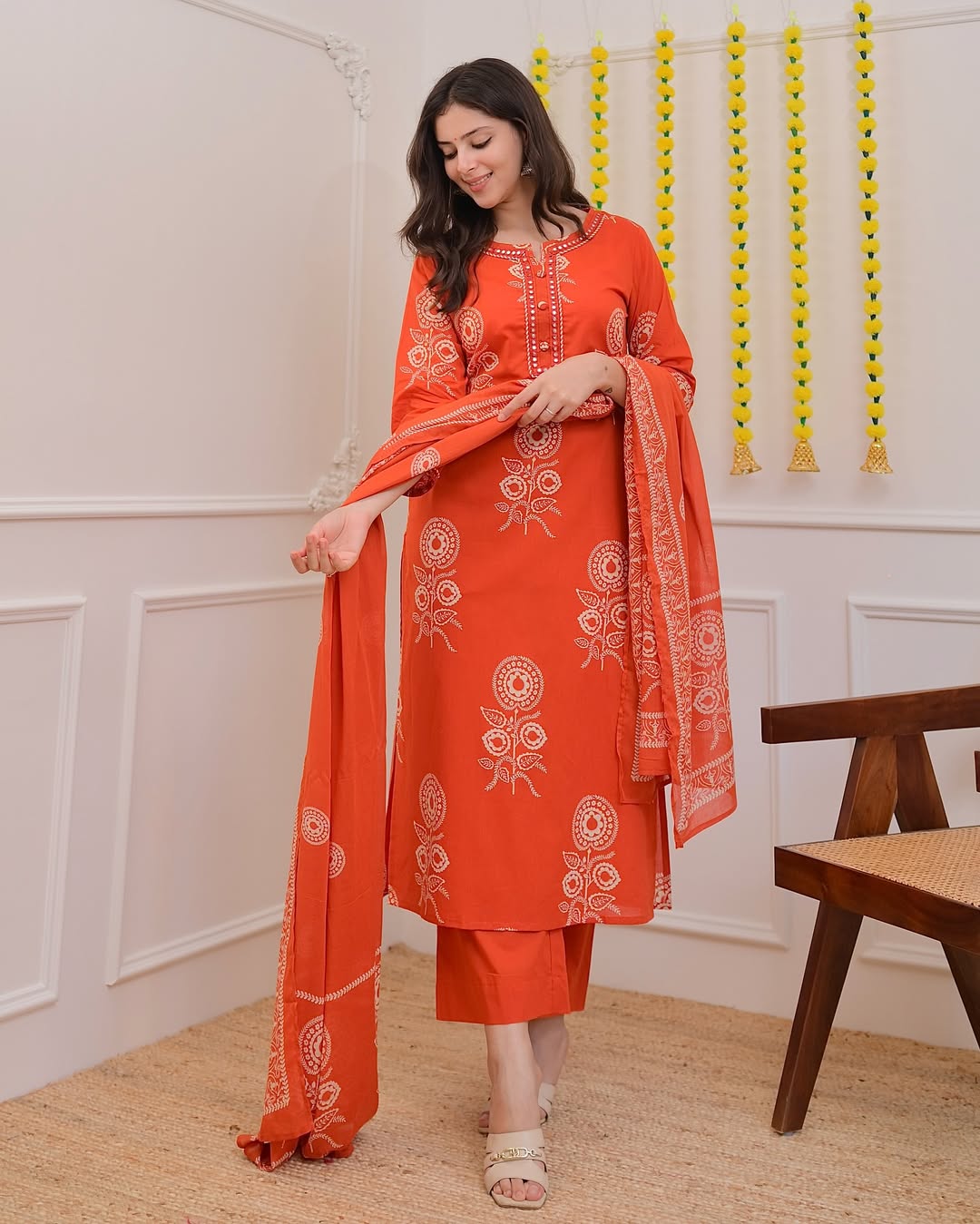 Elegant Orange Printed Cotton Suit Set