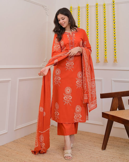 Elegant Orange Printed Cotton Suit Set