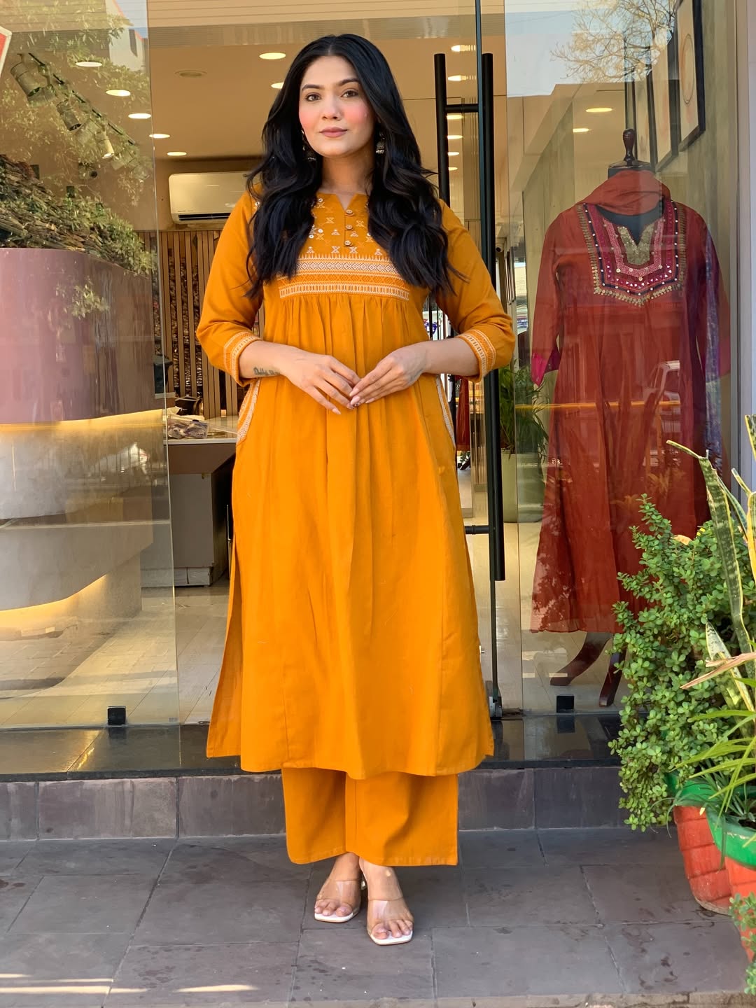 Mustard Yellow Embroidered Kurta Set with Straight Pants